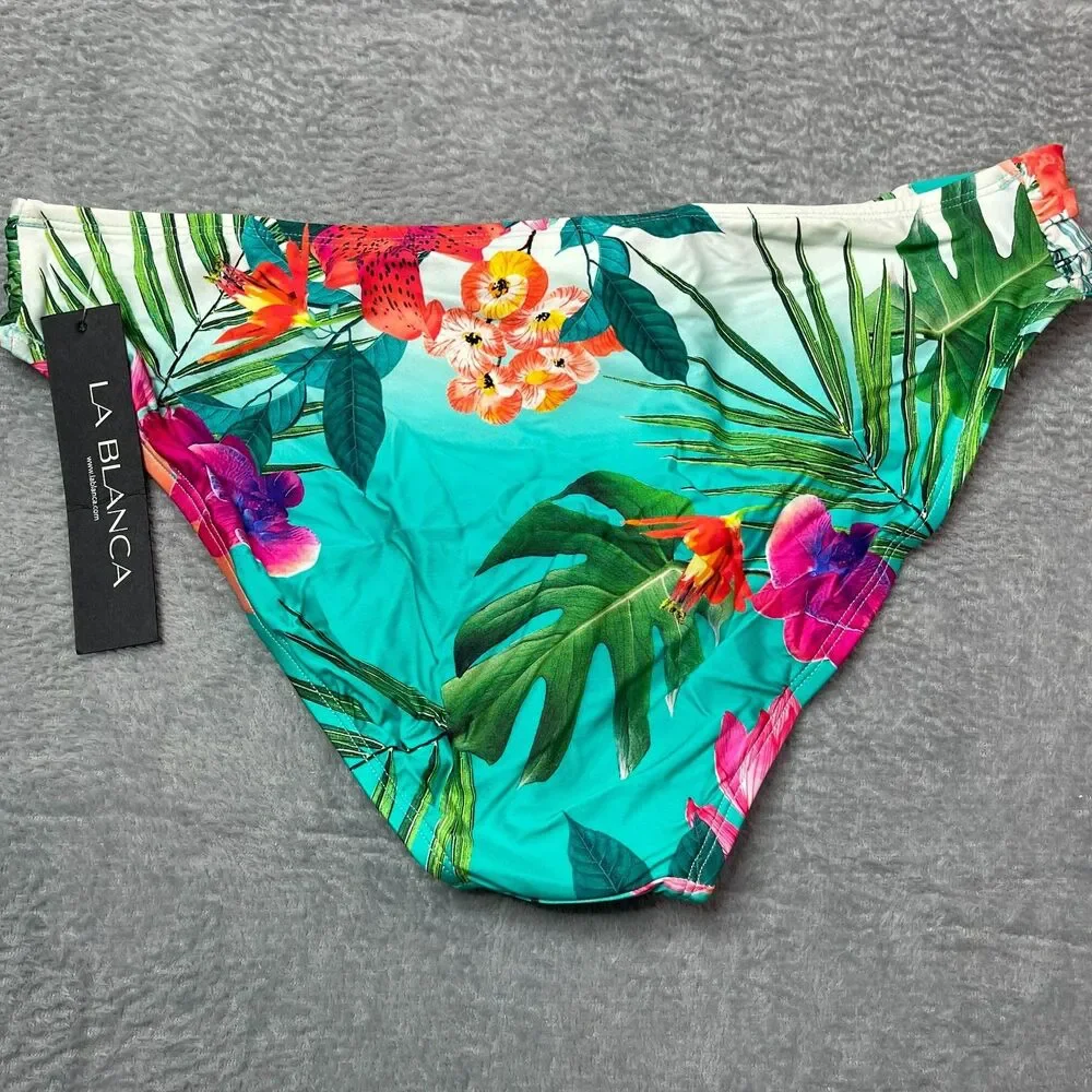 La Blanca Women Side Shirred Hipster‎ Bottom Bright Aqua Tropicalia 16 MWT Beach
